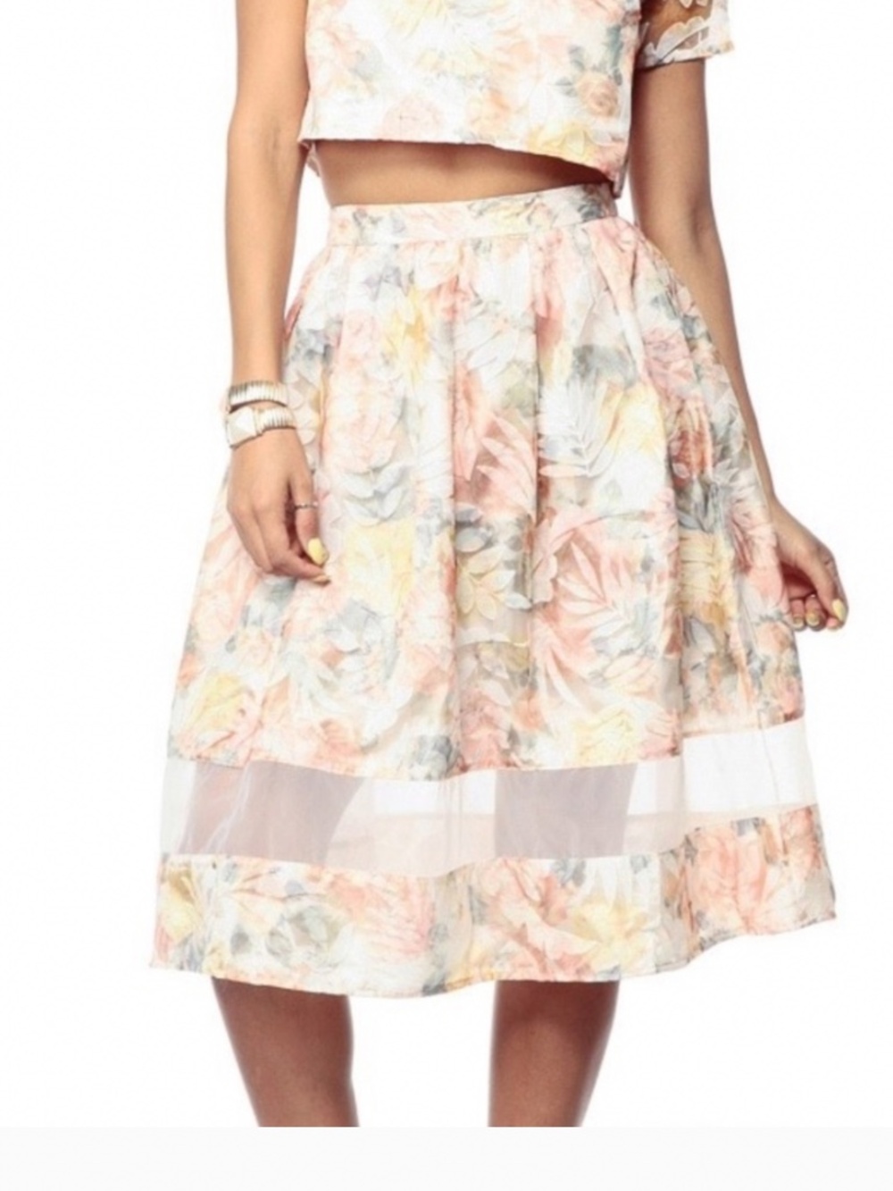 Do + be coral floral mesh inset midi skirt S M